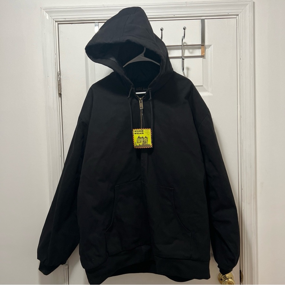 World Famous Sports Hooded Black Canvas Work Wear Jacket Zip up Sportsman